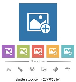 Mover iconos blancos planos de imagen en fondo cuadrado. 6 iconos de bonificación incluidos.