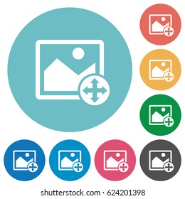 Move image flat white icons on round color backgrounds