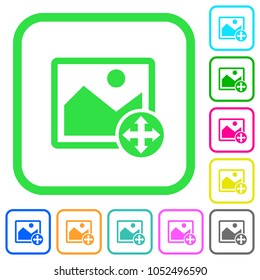 Move image vivid colored flat icons in curved borders on white background