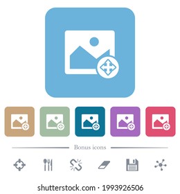Move image white flat icons on color rounded square backgrounds. 6 bonus icons included
