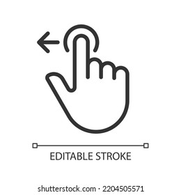 Move to left pixel perfect linear icon. Digital device interaction. Touchscreen. Swipe and slide. Thin line illustration. Contour symbol. Vector outline drawing. Editable stroke. Arial font used