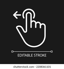 Move to left pixel perfect white linear icon for dark theme. Digital device interaction. Swipe and slide. Thin line illustration. Isolated symbol for night mode. Editable stroke. Arial font used