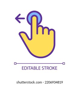 Move to left pixel perfect yellow RGB color icon. Digital device interaction. Touchscreen. Swipe and slide. Silhouette symbol on white space. Solid pictogram. Vector isolated illustration