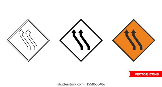 Move to left (two lane) roadworks sign icon of 3 types: color, black and white, outline. Isolated vector sign symbol.
