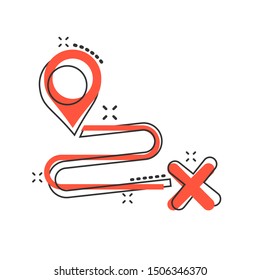 Move location icon in comic style. Pin gps vector cartoon illustration on white isolated background. Navigation business concept splash effect.