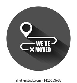 Move location icon in flat style. Pin gps vector illustration on black round background with long shadow. Navigation business concept.