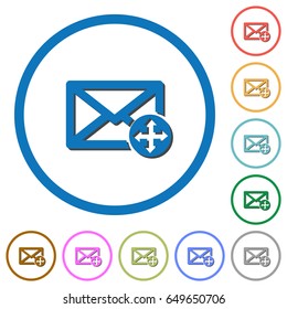 Move mail flat color vector icons with shadows in round outlines on white background