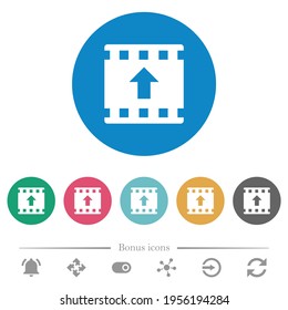 Move up movie flat white icons on round color backgrounds. 6 bonus icons included.
