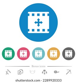 Move movie flat white icons on round color backgrounds. 6 bonus icons included.