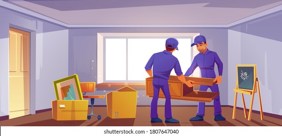 Move to new house concept. Loaders bringing furniture and boxes in room. Home with cardboard containers full of household stuff and kids things. Cartoon vector apartment interior with large window