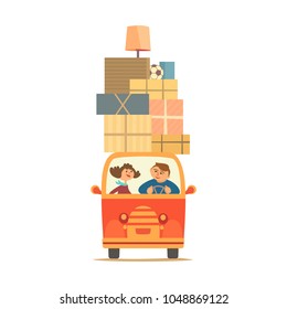 Move to new house icon. Young couple deliver moving boxes by vehicle. Package cardboard box for relocation to change home. Mover in van transport cargo changing to new apartment. Vector illustration