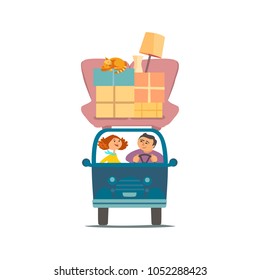 Move to new house icon. Young couple deliver moving boxes by vehicle. Package cardboard box for relocation to change home. Mover in van transport cargo changing to new apartment. Vector illustration