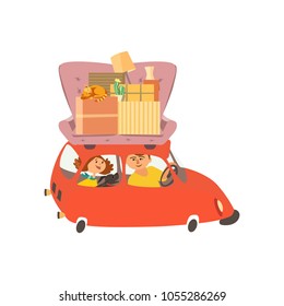 Move to new house icon. Young couple deliver moving boxes by vehicle. Package cardboard box for relocation to change home. Move cargo by car transport changing to new apartment. Vector illustration