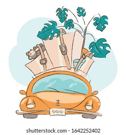 Move to new house idea. Orange cartoon car with attached cardboard boxes and plant. Relocation to change home. Concept for moving site. Vector illustration
