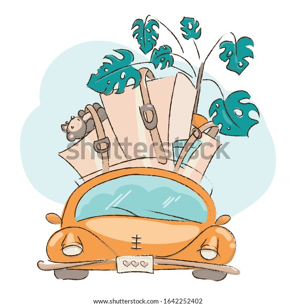 Move to new house idea. Orange\
cartoon car with attached cardboard boxes and plant. Relocation to\
change home. Concept for moving site. Vector\
illustration\

