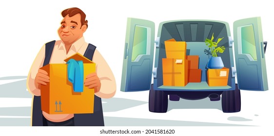 Move to new house, relocation. Man loading boxes in car trunk, delivery service, shipping company porter at open van with household stuff, truck with cardboard containers, Cartoon vector illustration