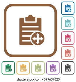 Move note simple icons in color rounded square frames on white background