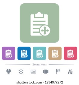 Move note white flat icons on color rounded square backgrounds. 6 bonus icons included