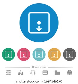 Move object down flat white icons on round color backgrounds. 6 bonus icons included.