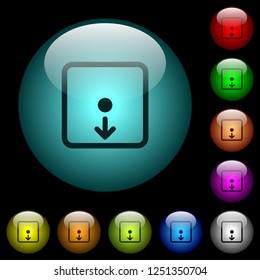 Move object down icons in color illuminated spherical glass buttons on black background. Can be used to black or dark templates