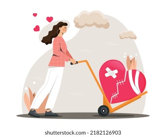 Move on with break heart. Young girl pushing cart, metaphor for divorce or broken relationship. Quarrels and scandals. Mental health and psychological problems. Cartoon flat vector illustration