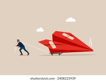 Move on and forget. Find new business opportunities. Businessman walking with bandage repaired red paper plane shape. Modern vector illustration in flat style. 