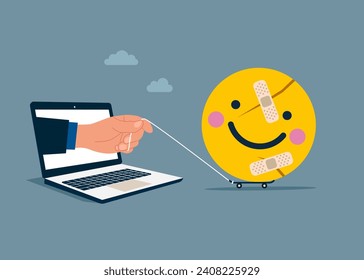 Move on or forget. Hand with bandage repaired funny and positive emoticon shape. Positive attitude. Modern vector illustration in flat style. 