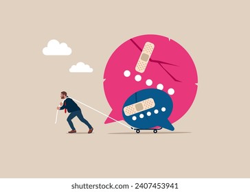 Move on or forget. Male walking with bandage repaired message bubbles shape. Communication or discussion. Modern vector illustration in flat style. 