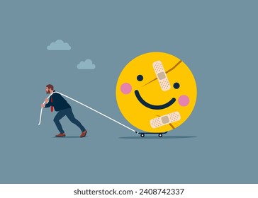 Move on or forget. Male walking with bandage repaired funny and positive emoticon shape. job satisfaction, positive attitude. Modern vector illustration in flat style. 