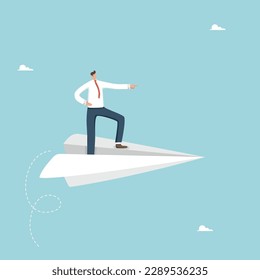 Move on the right business strategy, look at future career success, return on investment or innovation, direction to achieve goals and objectives, business leader shows direction on paper plane.