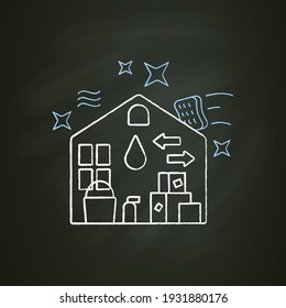 Move out cleaning chalk icon. Change residence. Moving to another house. Sweeping, wiping. Cleaning services concept. Isolated vector illustration on chalkboard
