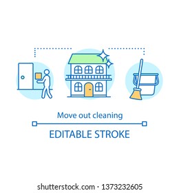 Move out cleaning concept icon. Cleanup services idea thin line illustration. Things packing. Spring clean. Moving to another house. Mopping, wiping. Vector isolated outline drawing. Editable stroke