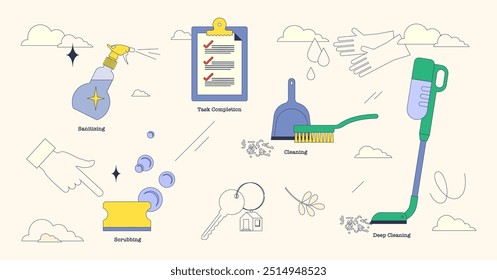 Mude o serviço de limpeza antes de deixar a casa coleção de neubrutalismo minúsculo. Elementos rotulados com limpeza, limpeza profunda e ilustração vetor de escovação. Apartamento de limpeza de higiene.