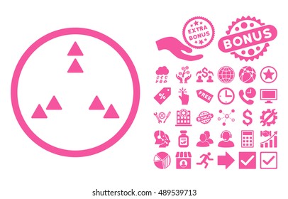 Move Out pictograph with bonus clip art. Vector illustration style is flat iconic symbols, pink color, white background.