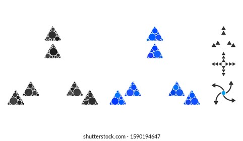 Move out triangles mosaic of small circles in different sizes and color hues, based on move out triangles icon. Vector filled circles are combined into blue mosaic.