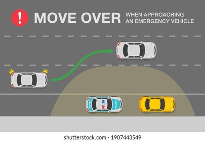 Move over for emergency vehicles. Traffic stop safety rule. Police stop a car on the street. Flat vector illustration infographic template.