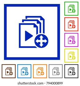 Move playlist item flat color icons in square frames on white background