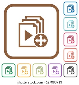 Move playlist item simple icons in color rounded square frames on white background