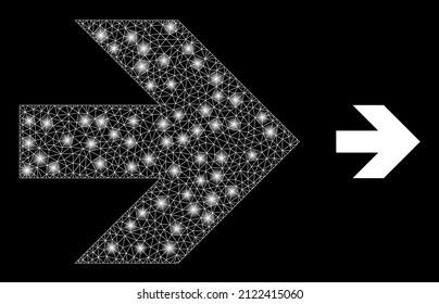 Move right icon and glowing net mesh move right model with glowing light spots. Illuminated model generated using move right vector icon and triangulated mesh. Bright frame move right,