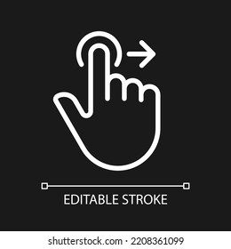 Move to right pixel perfect white linear icon for dark theme. Smartphone interaction. Touchscreen control. Thin line illustration. Isolated symbol for night mode. Editable stroke. Arial font used