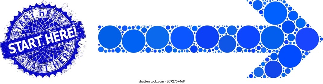 Move right vector collage of round dots in various sizes and blue color hues, and textured Start Here stamp. Blue round sharp rosette seal includes Start Here text inside it.