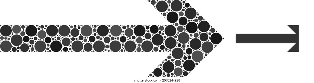 Move right vector collage of small circles in different sizes and color tints. Small circles are combined into move right vector collage. Abstract vector design concept.