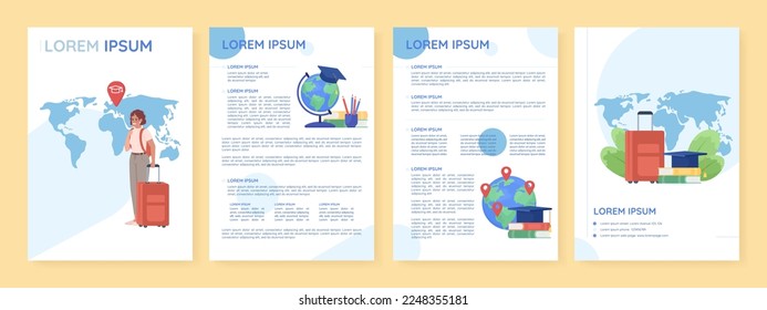 Move to study abroad flat vector brochure template. Foreign university booklet, leaflet printable flat color designs. Editable magazine page, reports kit with text space. Quicksand font used