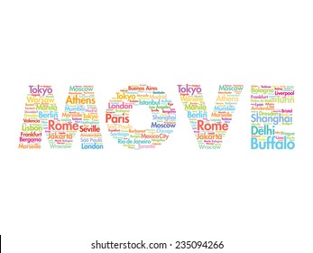 MOVE text relocation concept made with words cities names, vector collage