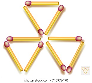 Move three matchsticks to make five triangles. Logic puzzle game. Vector image.