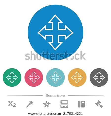 Move tool outline flat white icons on round color backgrounds. 6 bonus icons included.