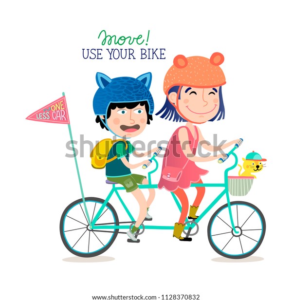Move,\
use your bike. Girl and boy riding a double\
bike.