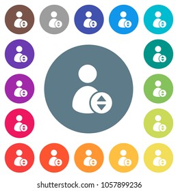 Move user account flat white icons on round color backgrounds. 17 background color variations are included.