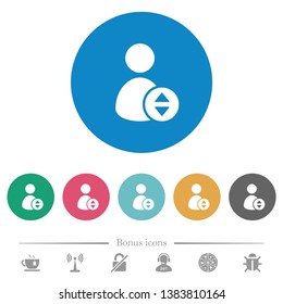 Move user account flat white icons on round color backgrounds. 6 bonus icons included.