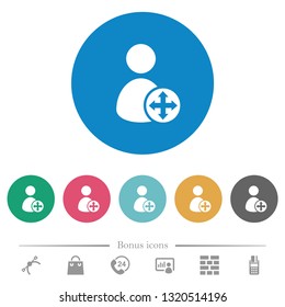 Move user flat white icons on round color backgrounds. 6 bonus icons included.